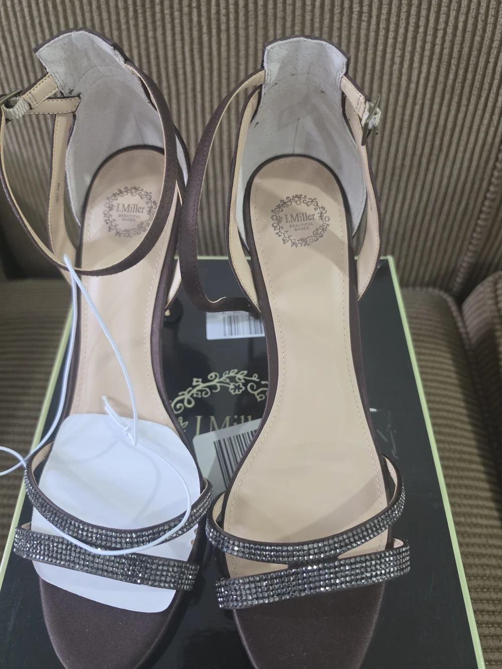 I. Miller Espresso Satin Crystal Strappy Heeled Sandals